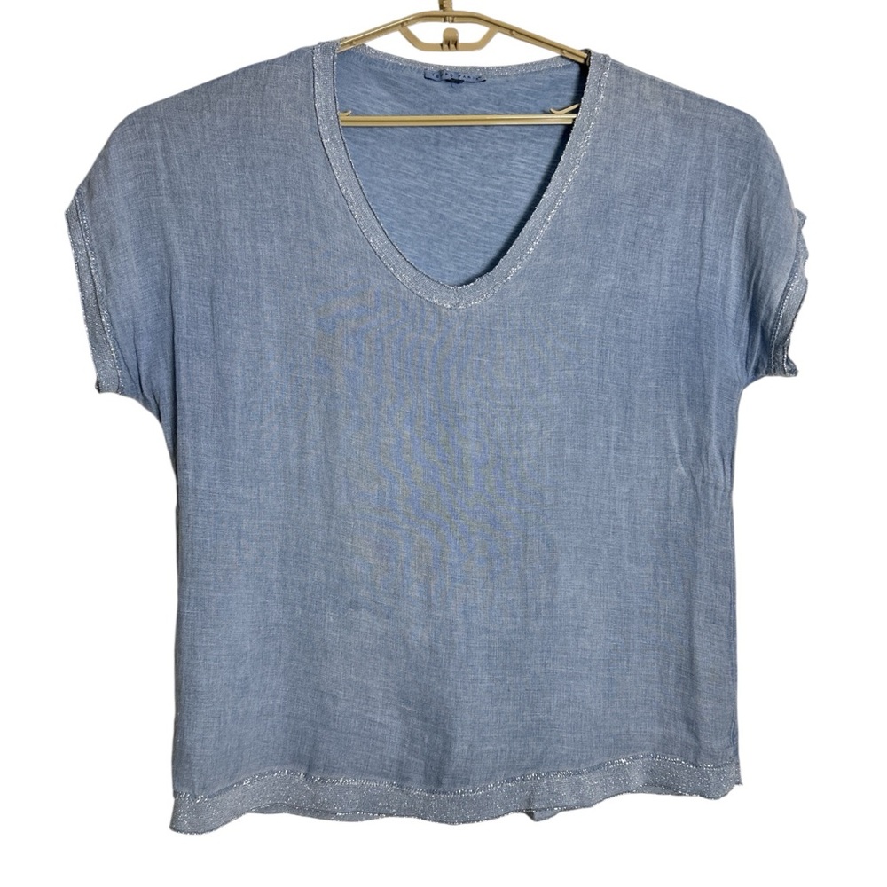 Tempo Paris Blue Silver Trim Linen Top Size XL